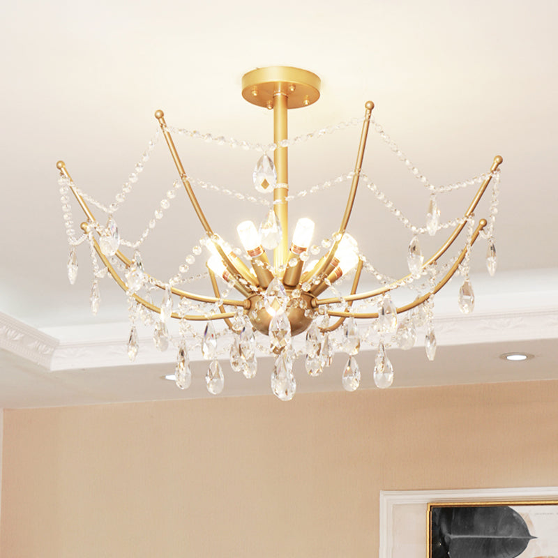 6/8 Bulbs Semi Flush Chandelier Retro Netting Crystal Strand Flush Ceiling Light in Gold 8 Gold Clearhalo 'Ceiling Lights' 'Close To Ceiling Lights' 'Close to ceiling' 'Semi-flushmount' Lighting' 787755