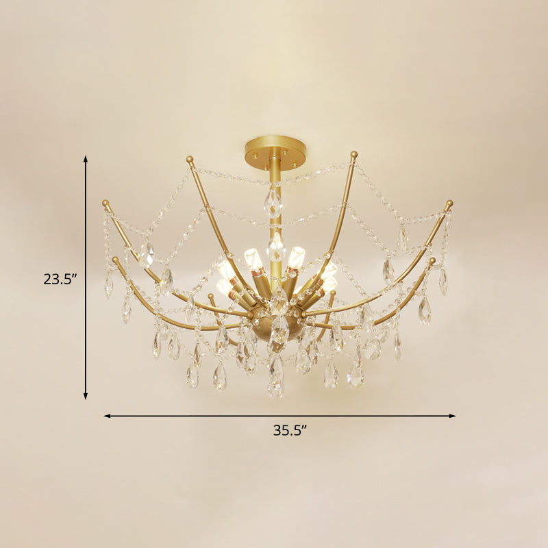 6/8 Bulbs Semi Flush Chandelier Retro Netting Crystal Strand Flush Ceiling Light in Gold Clearhalo 'Ceiling Lights' 'Close To Ceiling Lights' 'Close to ceiling' 'Semi-flushmount' Lighting' 787758