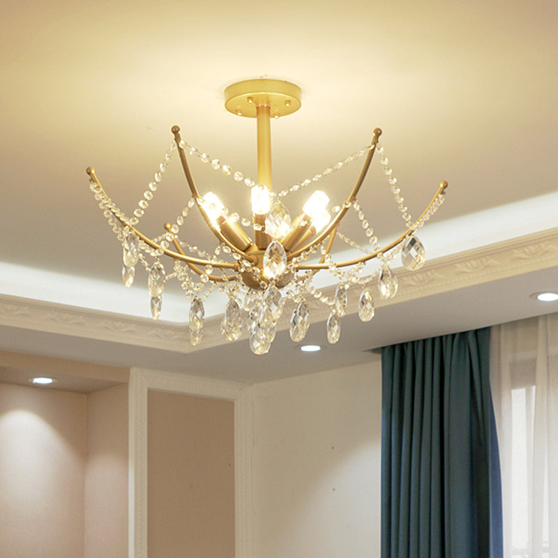 6/8 Bulbs Semi Flush Chandelier Retro Netting Crystal Strand Flush Ceiling Light in Gold Clearhalo 'Ceiling Lights' 'Close To Ceiling Lights' 'Close to ceiling' 'Semi-flushmount' Lighting' 787760