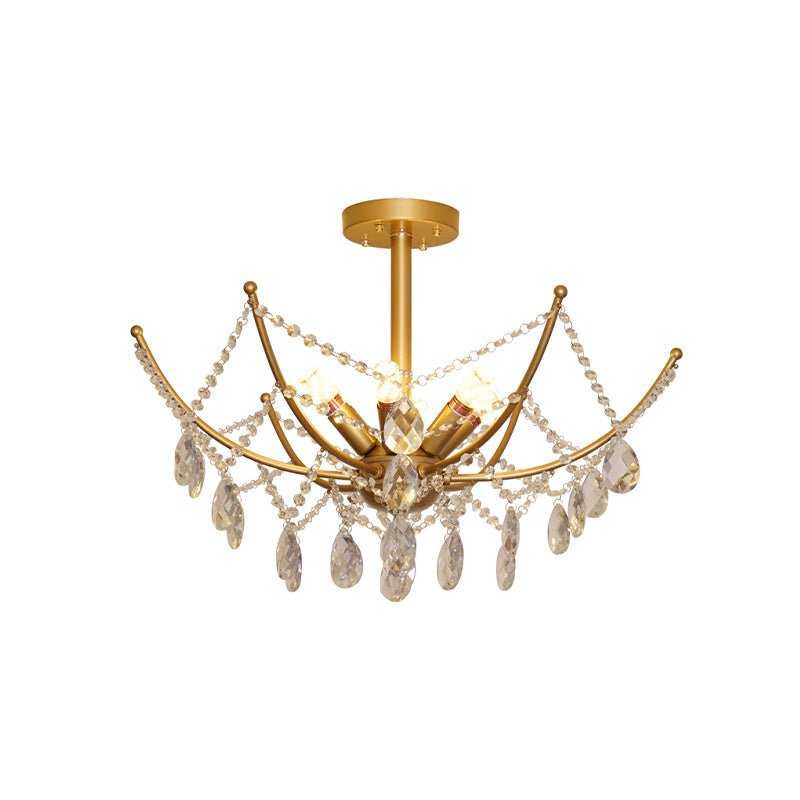 6/8 Bulbs Semi Flush Chandelier Retro Netting Crystal Strand Flush Ceiling Light in Gold Clearhalo 'Ceiling Lights' 'Close To Ceiling Lights' 'Close to ceiling' 'Semi-flushmount' Lighting' 787762