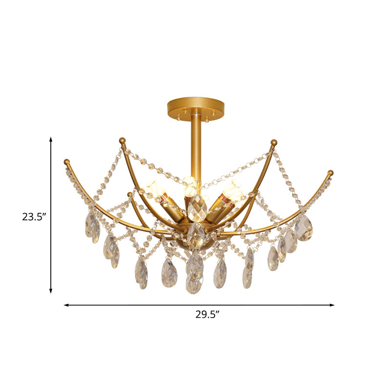 6/8 Bulbs Semi Flush Chandelier Retro Netting Crystal Strand Flush Ceiling Light in Gold Clearhalo 'Ceiling Lights' 'Close To Ceiling Lights' 'Close to ceiling' 'Semi-flushmount' Lighting' 787763