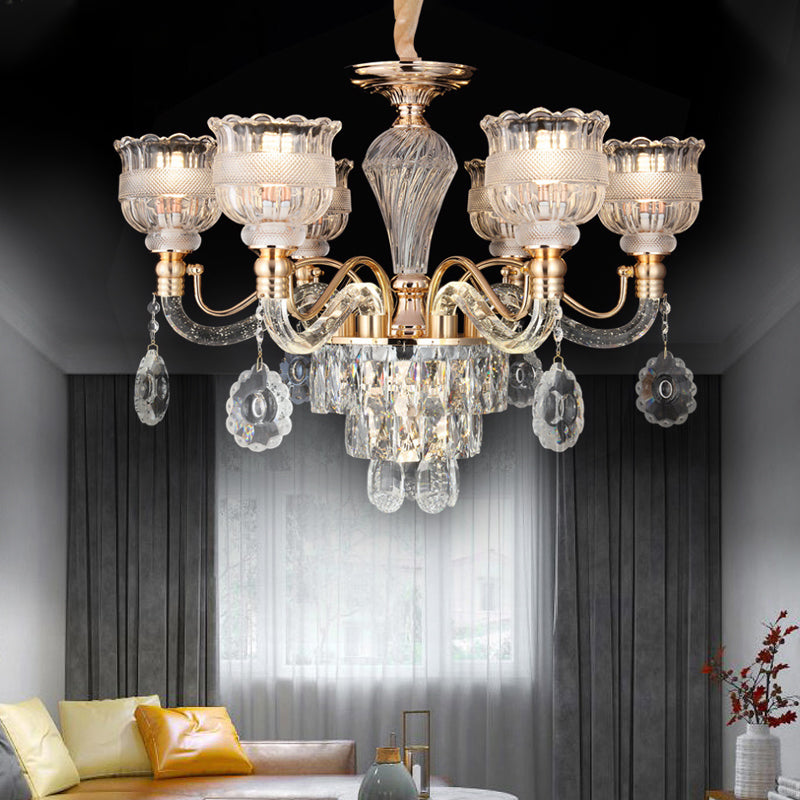 7-Bulb Clear Crystal Chandelier Lighting Fixture Rural Gold Scalloped Bowl Dining Room Hanging Pendant Clearhalo 'Ceiling Lights' 'Chandeliers' Lighting' options 787777