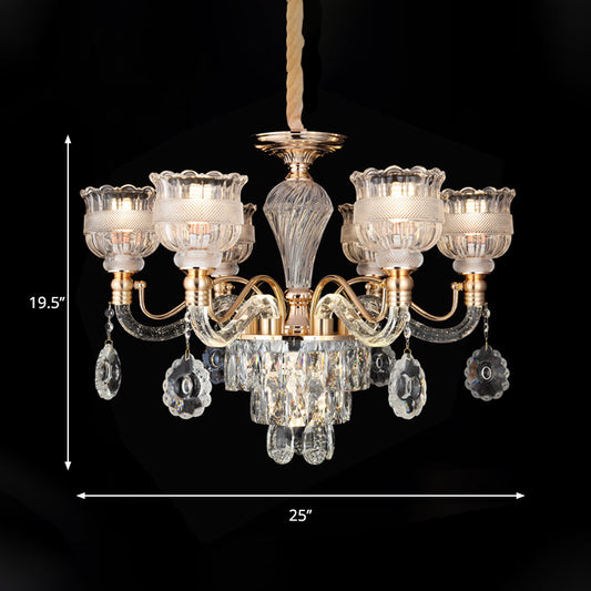 7-Bulb Clear Crystal Chandelier Lighting Fixture Rural Gold Scalloped Bowl Dining Room Hanging Pendant Clearhalo 'Ceiling Lights' 'Chandeliers' Lighting' options 787780