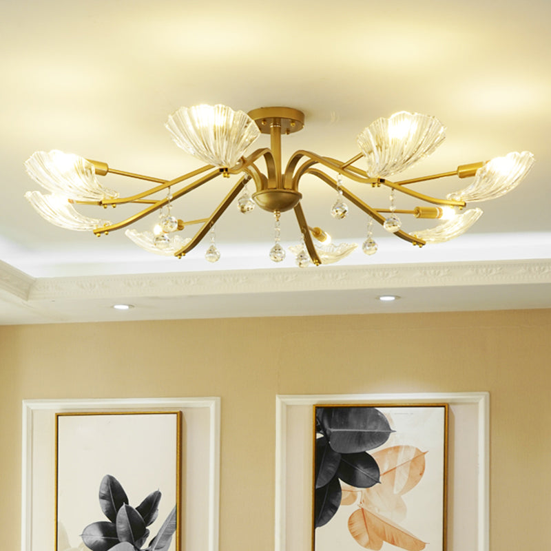 Gold Scalloped Shell Semi Flush Mount Countryside Crystal 6/8-Light Parlor Ceiling Mount Chandelier 8 Gold Clearhalo 'Ceiling Lights' 'Close To Ceiling Lights' 'Close to ceiling' 'Semi-flushmount' Lighting' 787785