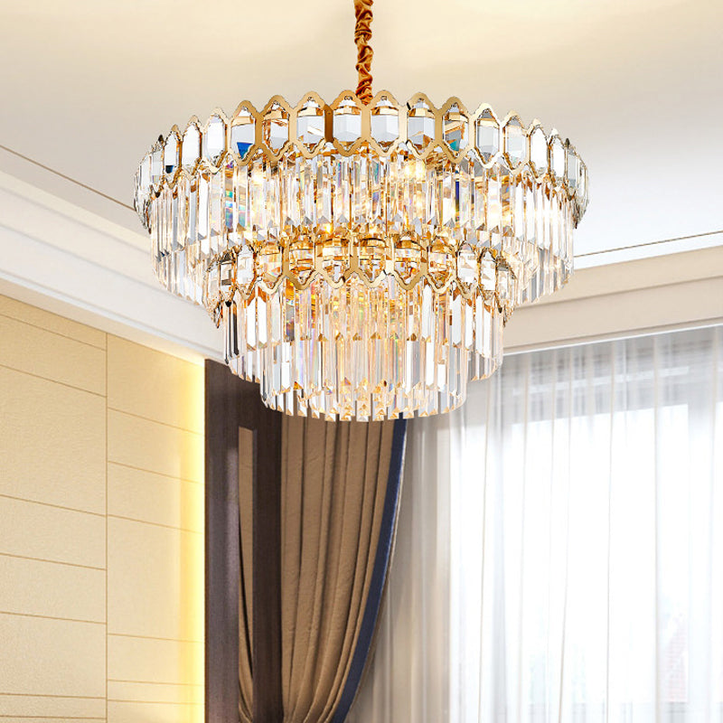 8 Heads Ceiling Chandelier Rustic Dining Room Hanging Light Fixture with Tiered Crystal Rod Shade in Gold Clearhalo 'Ceiling Lights' 'Chandeliers' Lighting' options 787791