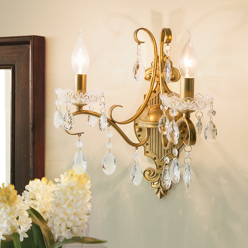 1/2-Light Candlestick Wall Sconce Antiqued Gold Iron Wall Mount Lamp with Crystal Drape Clearhalo 'Wall Lamps & Sconces' 'Wall Lights' Lighting' 787799