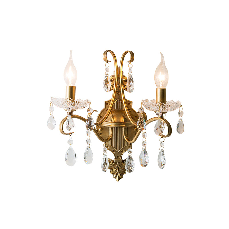 1/2-Light Candlestick Wall Sconce Antiqued Gold Iron Wall Mount Lamp with Crystal Drape Clearhalo 'Wall Lamps & Sconces' 'Wall Lights' Lighting' 787800