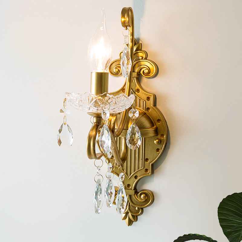 1/2-Light Candlestick Wall Sconce Antiqued Gold Iron Wall Mount Lamp with Crystal Drape 1.0 Gold Clearhalo 'Wall Lamps & Sconces' 'Wall Lights' Lighting' 787802