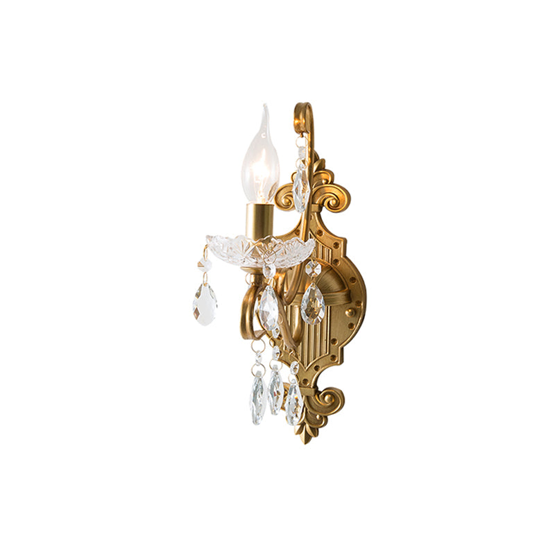 1/2-Light Candlestick Wall Sconce Antiqued Gold Iron Wall Mount Lamp with Crystal Drape Clearhalo 'Wall Lamps & Sconces' 'Wall Lights' Lighting' 787804