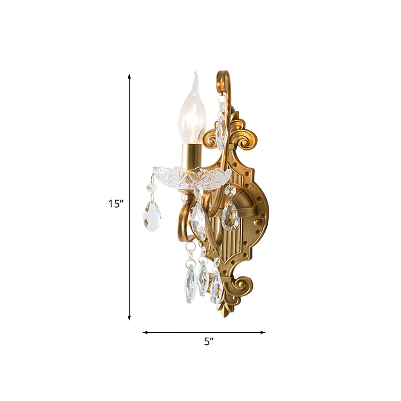 1/2-Light Candlestick Wall Sconce Antiqued Gold Iron Wall Mount Lamp with Crystal Drape Clearhalo 'Wall Lamps & Sconces' 'Wall Lights' Lighting' 787806