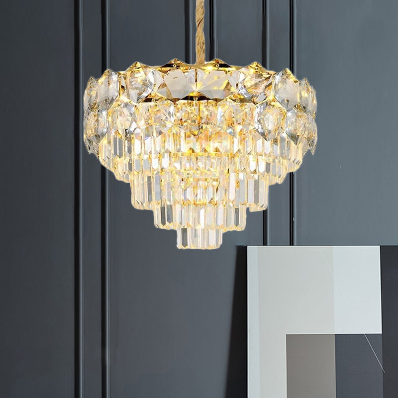 K9 Crystal Gold Hanging Chandelier Conical 8/11 Lights Traditional Pendant Ceiling Light for Bedroom 11 Gold Clearhalo 'Ceiling Lights' 'Chandeliers' Lighting' options 787807_ffa7befb-5617-459f-b75c-9d31d83bf8f3