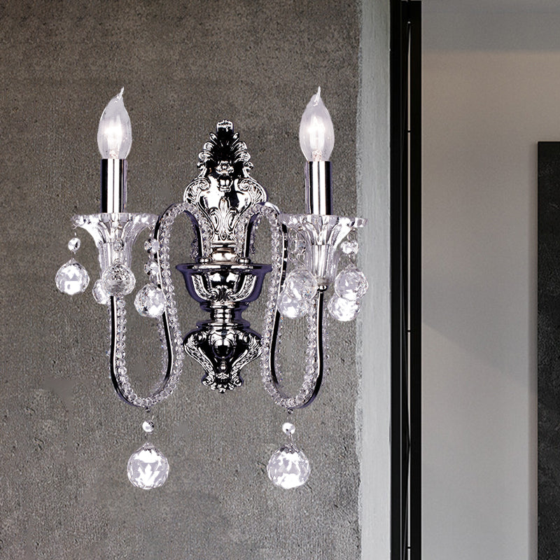 1/2-Head Crystal Beaded Wall Lamp Countryside Silver Conical Bedside Wall Mount Fixture with Swooping Arm 2.0 Silver Clearhalo 'Wall Lamps & Sconces' 'Wall Lights' Lighting' 787820