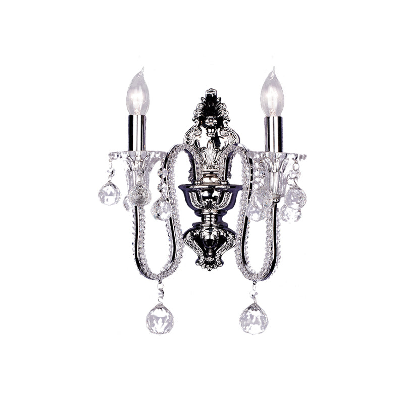 1/2-Head Crystal Beaded Wall Lamp Countryside Silver Conical Bedside Wall Mount Fixture with Swooping Arm Clearhalo 'Wall Lamps & Sconces' 'Wall Lights' Lighting' 787821