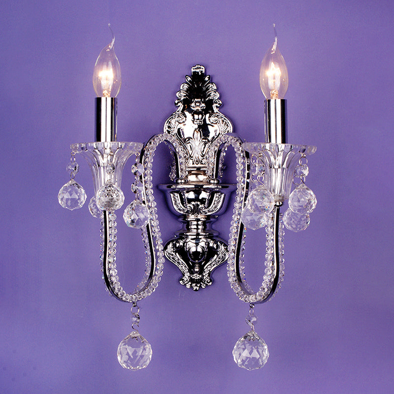 1/2-Head Crystal Beaded Wall Lamp Countryside Silver Conical Bedside Wall Mount Fixture with Swooping Arm Clearhalo 'Wall Lamps & Sconces' 'Wall Lights' Lighting' 787822