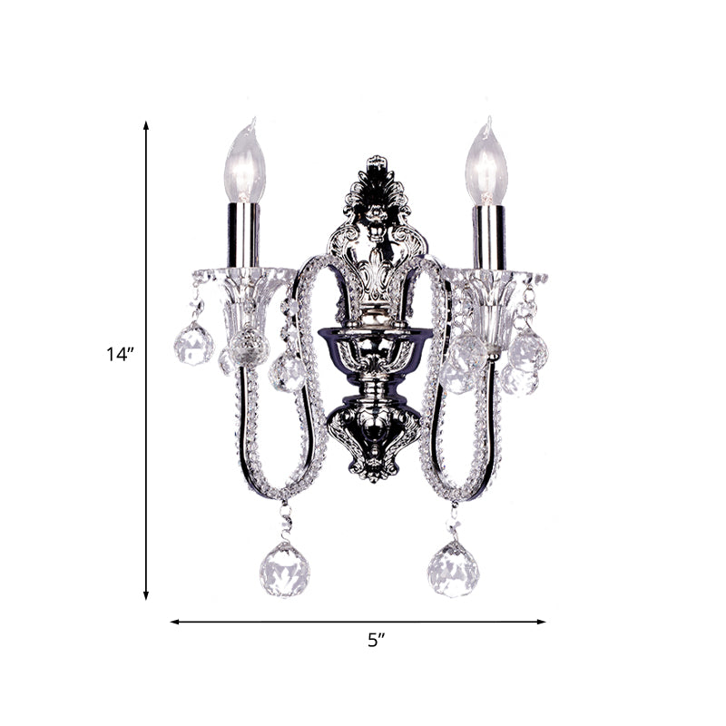 1/2-Head Crystal Beaded Wall Lamp Countryside Silver Conical Bedside Wall Mount Fixture with Swooping Arm Clearhalo 'Wall Lamps & Sconces' 'Wall Lights' Lighting' 787823