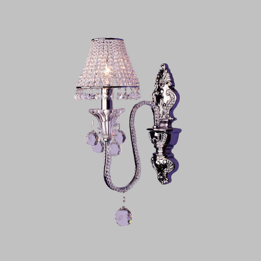 1/2-Head Crystal Beaded Wall Lamp Countryside Silver Conical Bedside Wall Mount Fixture with Swooping Arm Clearhalo 'Wall Lamps & Sconces' 'Wall Lights' Lighting' 787827