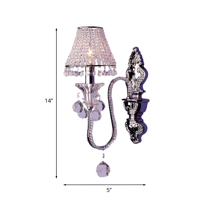 1/2-Head Crystal Beaded Wall Lamp Countryside Silver Conical Bedside Wall Mount Fixture with Swooping Arm Clearhalo 'Wall Lamps & Sconces' 'Wall Lights' Lighting' 787828