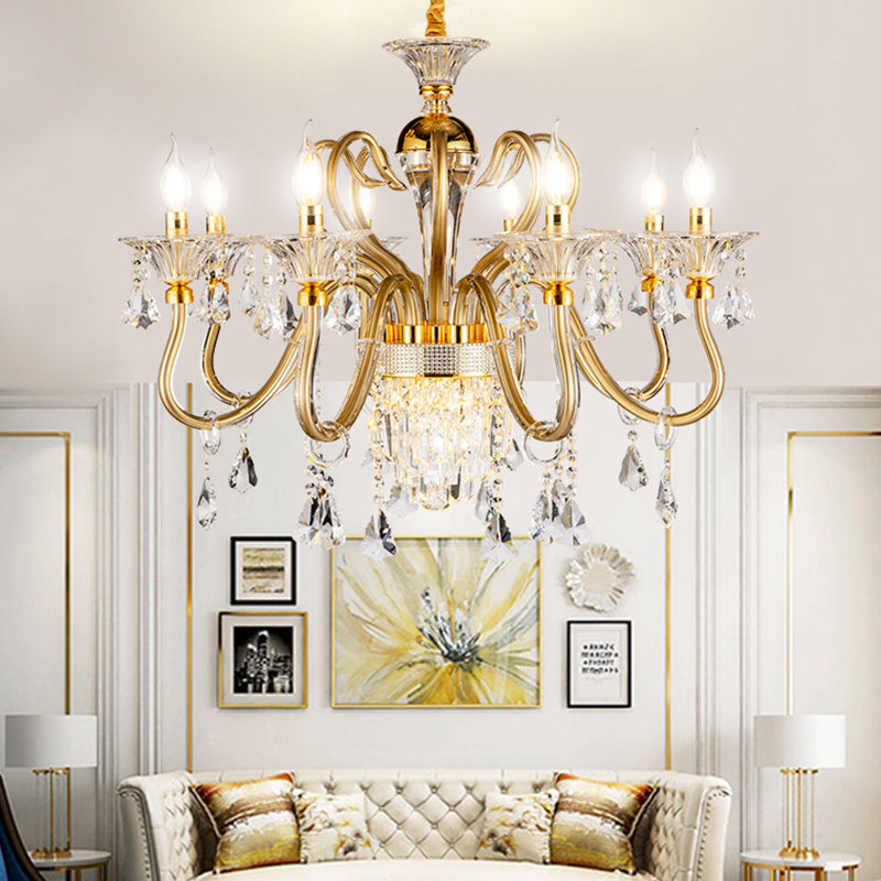 Traditional Candelabra Chandelier 6/8 Heads Metal Drop Pendant in Gold with Clear Crystal Droplet 8 Gold Clearhalo 'Ceiling Lights' 'Chandeliers' Lighting' options 787829_4d7e8bba-3d18-47b6-ac8b-7e1090c35325