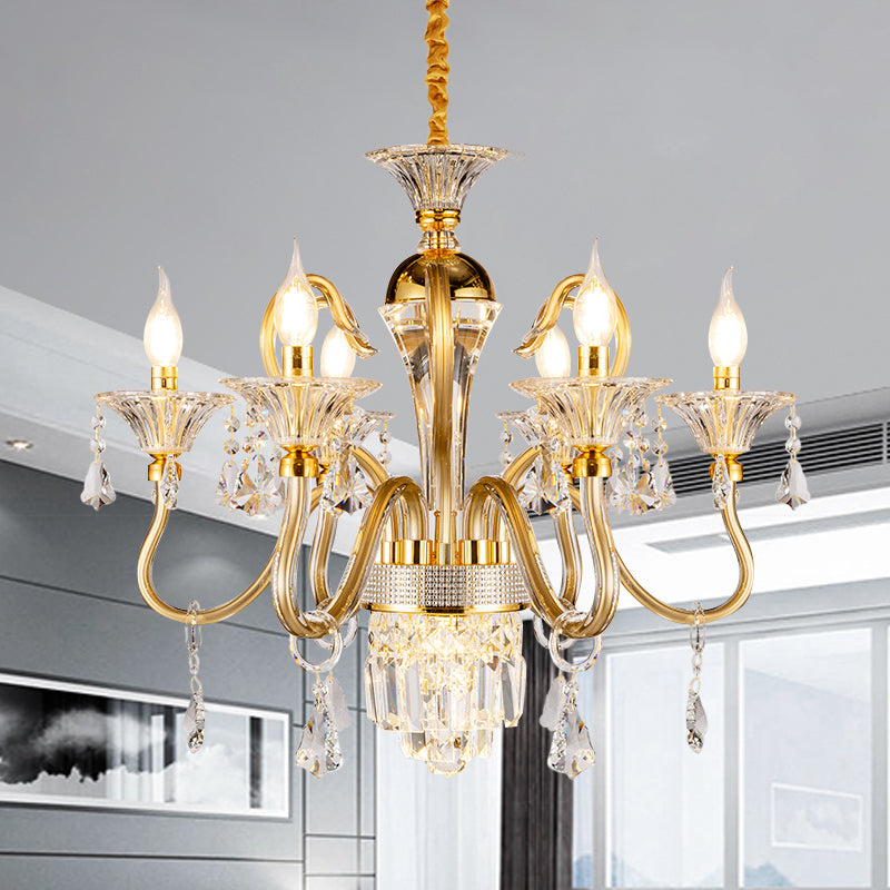 Traditional Candelabra Chandelier 6/8 Heads Metal Drop Pendant in Gold with Clear Crystal Droplet Clearhalo 'Ceiling Lights' 'Chandeliers' Lighting' options 787834