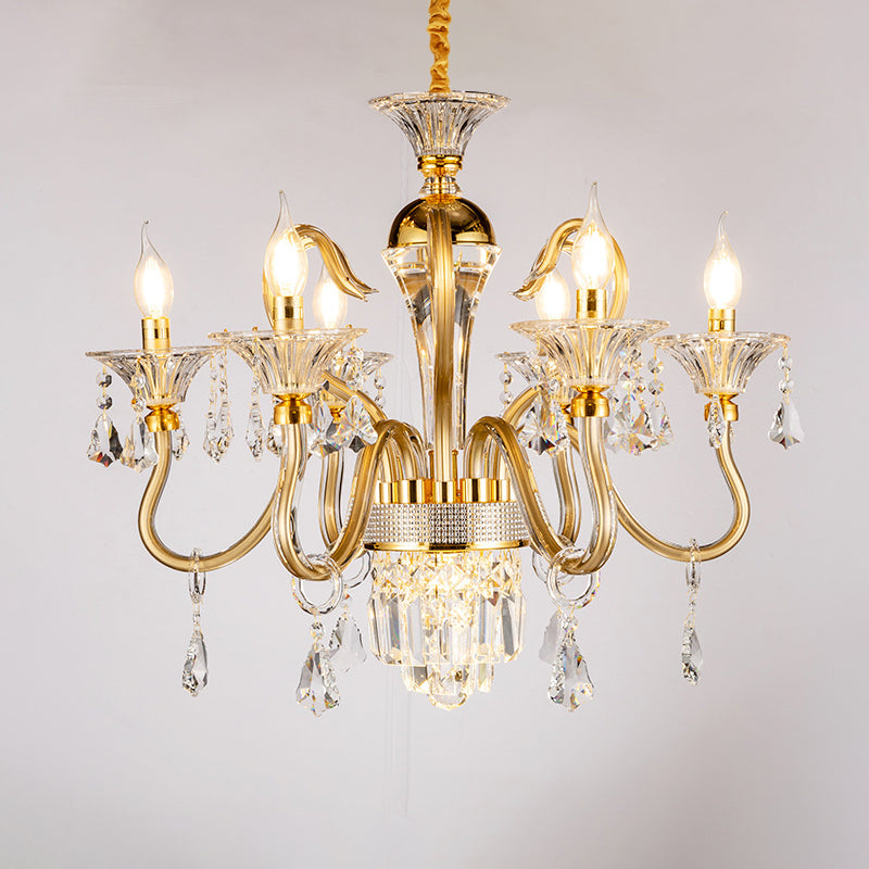 Traditional Candelabra Chandelier 6/8 Heads Metal Drop Pendant in Gold with Clear Crystal Droplet Clearhalo 'Ceiling Lights' 'Chandeliers' Lighting' options 787836