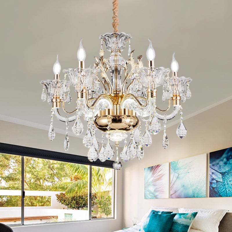 Clear Crystal Teardrop Chandelier Light Classic 6/8-Light Bedroom Hanging Pendant in Gold with Twisted Arm Clearhalo 'Ceiling Lights' 'Chandeliers' Lighting' options 787838