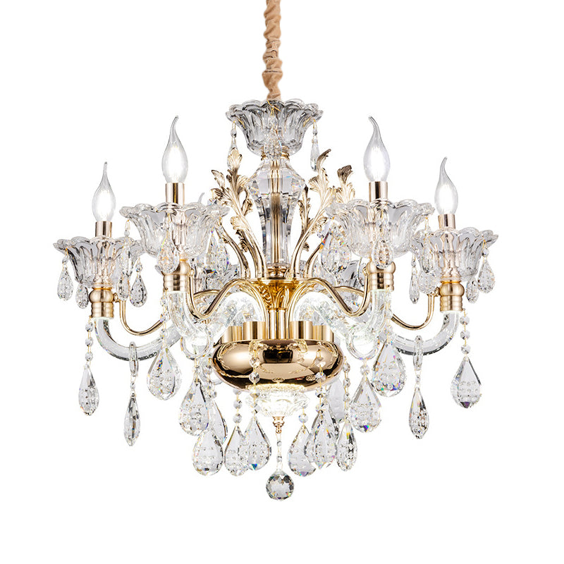 Clear Crystal Teardrop Chandelier Light Classic 6/8-Light Bedroom Hanging Pendant in Gold with Twisted Arm Clearhalo 'Ceiling Lights' 'Chandeliers' Lighting' options 787839