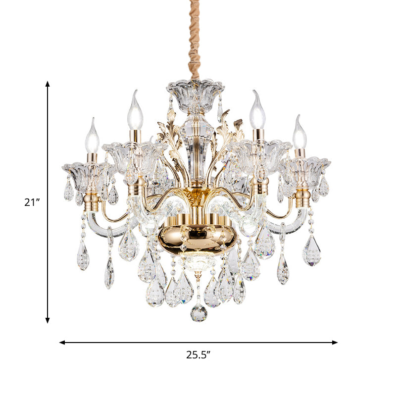 Clear Crystal Teardrop Chandelier Light Classic 6/8-Light Bedroom Hanging Pendant in Gold with Twisted Arm Clearhalo 'Ceiling Lights' 'Chandeliers' Lighting' options 787841