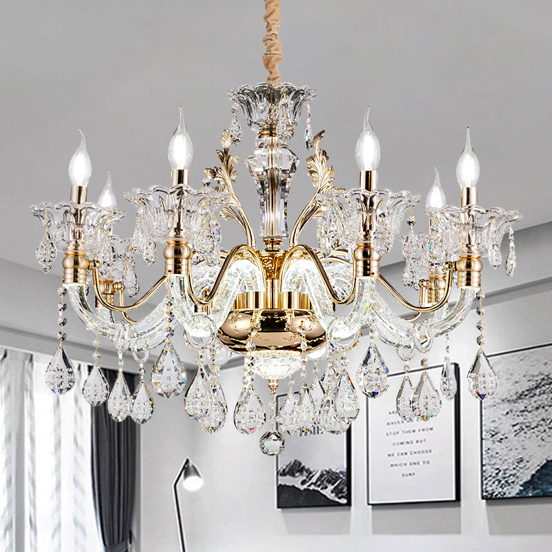 Clear Crystal Teardrop Chandelier Light Classic 6/8-Light Bedroom Hanging Pendant in Gold with Twisted Arm Clearhalo 'Ceiling Lights' 'Chandeliers' Lighting' options 787842