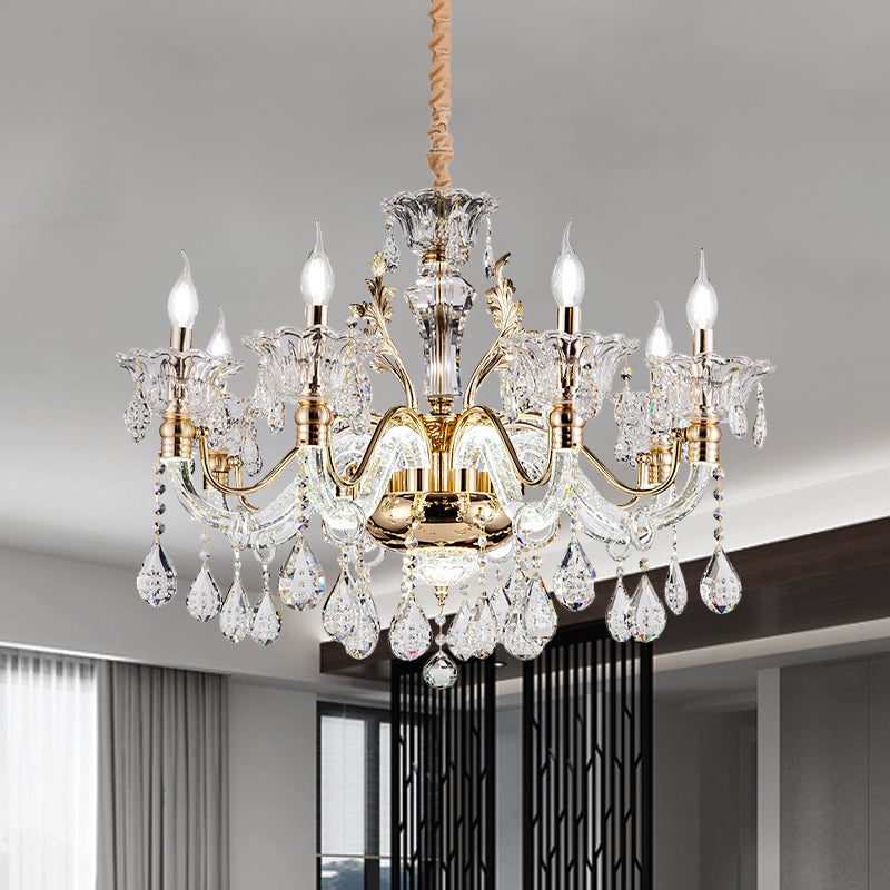 Clear Crystal Teardrop Chandelier Light Classic 6/8-Light Bedroom Hanging Pendant in Gold with Twisted Arm Clearhalo 'Ceiling Lights' 'Chandeliers' Lighting' options 787843