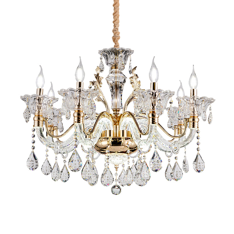 Clear Crystal Teardrop Chandelier Light Classic 6/8-Light Bedroom Hanging Pendant in Gold with Twisted Arm Clearhalo 'Ceiling Lights' 'Chandeliers' Lighting' options 787844