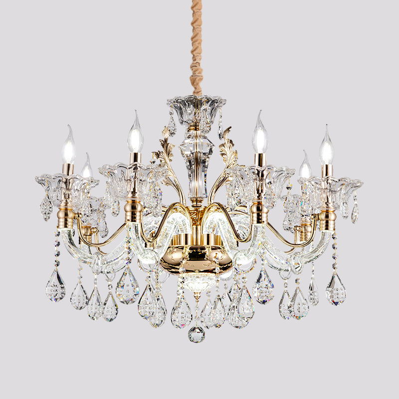 Clear Crystal Teardrop Chandelier Light Classic 6/8-Light Bedroom Hanging Pendant in Gold with Twisted Arm Clearhalo 'Ceiling Lights' 'Chandeliers' Lighting' options 787845