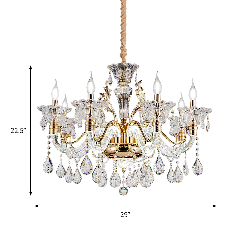 Clear Crystal Teardrop Chandelier Light Classic 6/8-Light Bedroom Hanging Pendant in Gold with Twisted Arm Clearhalo 'Ceiling Lights' 'Chandeliers' Lighting' options 787846