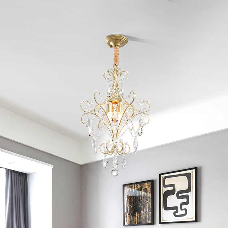 3 Lights Beaded Chandelier Lighting Country Gold Finish Crystal Pendant Light Kit with Scrollwork Design Clearhalo 'Ceiling Lights' 'Chandeliers' Lighting' options 787847