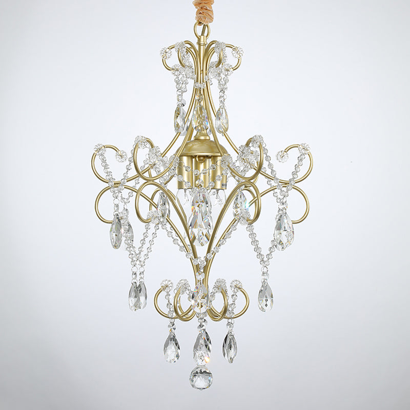 3 Lights Beaded Chandelier Lighting Country Gold Finish Crystal Pendant Light Kit with Scrollwork Design Clearhalo 'Ceiling Lights' 'Chandeliers' Lighting' options 787849