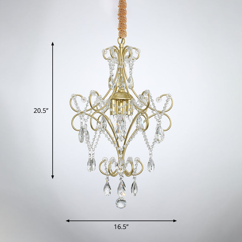 3 Lights Beaded Chandelier Lighting Country Gold Finish Crystal Pendant Light Kit with Scrollwork Design Clearhalo 'Ceiling Lights' 'Chandeliers' Lighting' options 787850