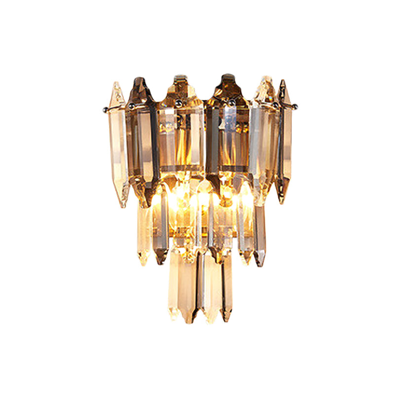 K9 Crystal Prism 3-Tier Wall Mount Light Vintage 2-Light Lounge Sconce Lamp in Gold Clearhalo 'Wall Lamps & Sconces' 'Wall Lights' Lighting' 787861