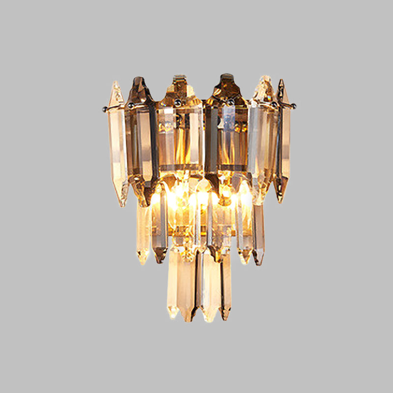 K9 Crystal Prism 3-Tier Wall Mount Light Vintage 2-Light Lounge Sconce Lamp in Gold Clearhalo 'Wall Lamps & Sconces' 'Wall Lights' Lighting' 787862