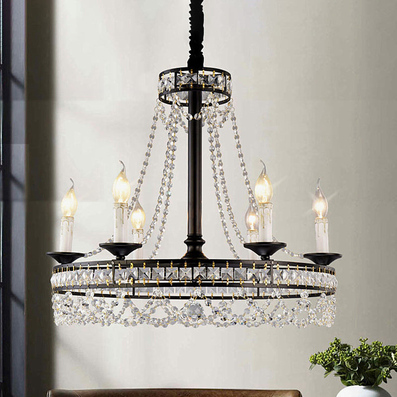 Black 4/6-Light Chandelier Lamp Traditional Wheel Crystal Strand Hanging Ceiling Light for Bedroom Clearhalo 'Ceiling Lights' 'Chandeliers' Lighting' options 787864