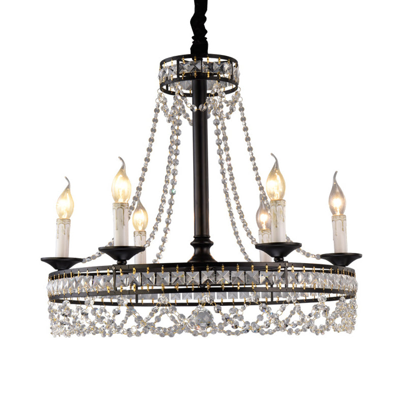 Black 4/6-Light Chandelier Lamp Traditional Wheel Crystal Strand Hanging Ceiling Light for Bedroom Clearhalo 'Ceiling Lights' 'Chandeliers' Lighting' options 787865