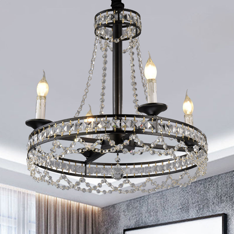 Black 4/6-Light Chandelier Lamp Traditional Wheel Crystal Strand Hanging Ceiling Light for Bedroom Clearhalo 'Ceiling Lights' 'Chandeliers' Lighting' options 787868