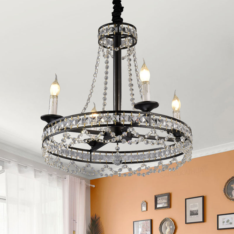 Black 4/6-Light Chandelier Lamp Traditional Wheel Crystal Strand Hanging Ceiling Light for Bedroom Clearhalo 'Ceiling Lights' 'Chandeliers' Lighting' options 787869