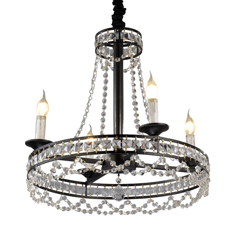 Black 4/6-Light Chandelier Lamp Traditional Wheel Crystal Strand Hanging Ceiling Light for Bedroom Clearhalo 'Ceiling Lights' 'Chandeliers' Lighting' options 787870