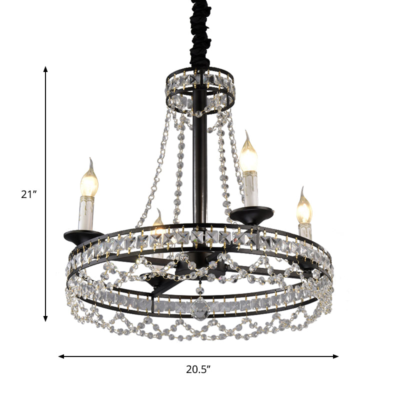 Black 4/6-Light Chandelier Lamp Traditional Wheel Crystal Strand Hanging Ceiling Light for Bedroom Clearhalo 'Ceiling Lights' 'Chandeliers' Lighting' options 787872