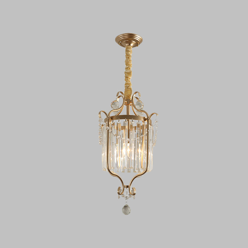 Cylindrical K9 Strip Crystal Hanging Lamp Country Style 1 Head Dining Room Down Lighting Pendant in Gold Clearhalo 'Ceiling Lights' 'Pendant Lights' 'Pendants' Lighting' 787875