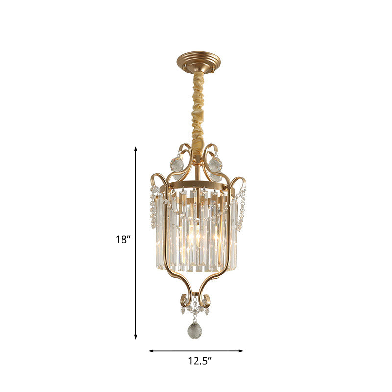 Cylindrical K9 Strip Crystal Hanging Lamp Country Style 1 Head Dining Room Down Lighting Pendant in Gold Clearhalo 'Ceiling Lights' 'Pendant Lights' 'Pendants' Lighting' 787876