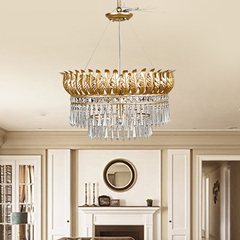 4-Bulb Chandelier Light Fixture Rural 2-Layered K9 Crystal Hanging Pendant in Gold with Leaf Deco Clearhalo 'Ceiling Lights' 'Chandeliers' Lighting' options 787877