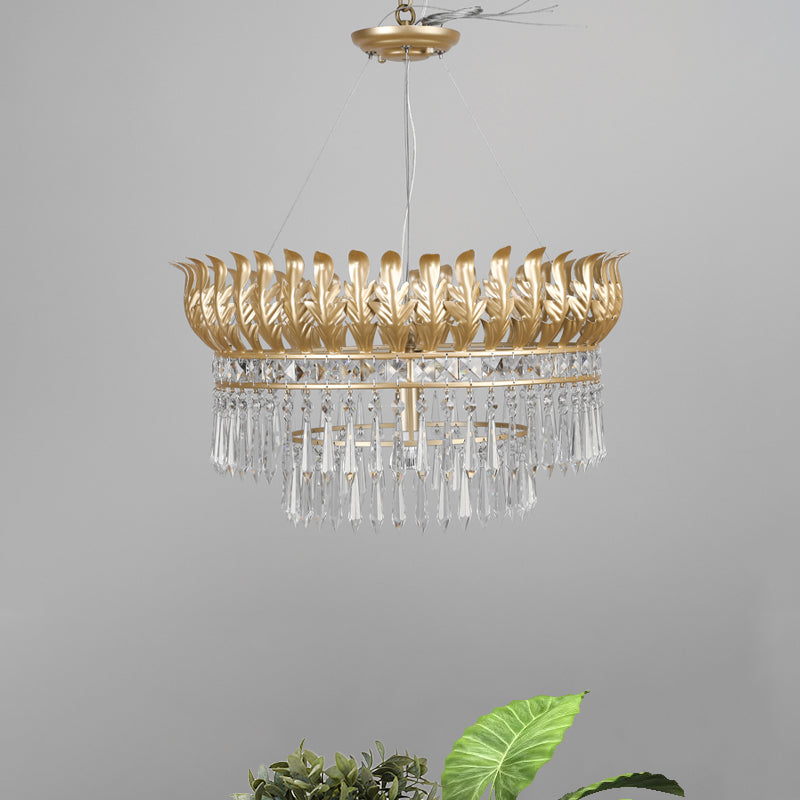 4-Bulb Chandelier Light Fixture Rural 2-Layered K9 Crystal Hanging Pendant in Gold with Leaf Deco Clearhalo 'Ceiling Lights' 'Chandeliers' Lighting' options 787878