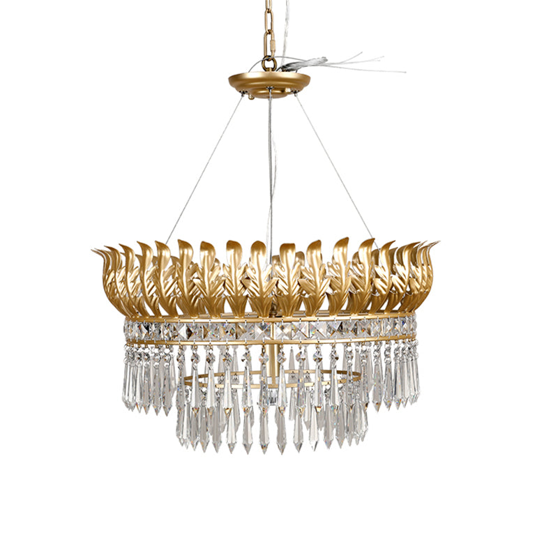 4-Bulb Chandelier Light Fixture Rural 2-Layered K9 Crystal Hanging Pendant in Gold with Leaf Deco Clearhalo 'Ceiling Lights' 'Chandeliers' Lighting' options 787879