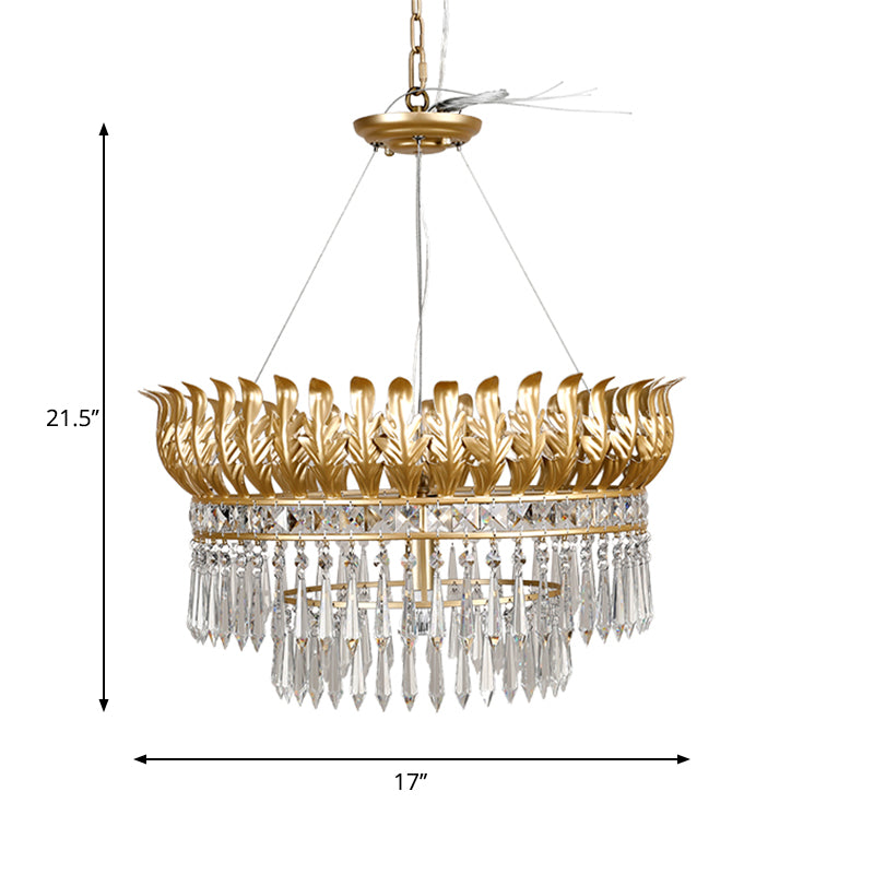 4-Bulb Chandelier Light Fixture Rural 2-Layered K9 Crystal Hanging Pendant in Gold with Leaf Deco Clearhalo 'Ceiling Lights' 'Chandeliers' Lighting' options 787880