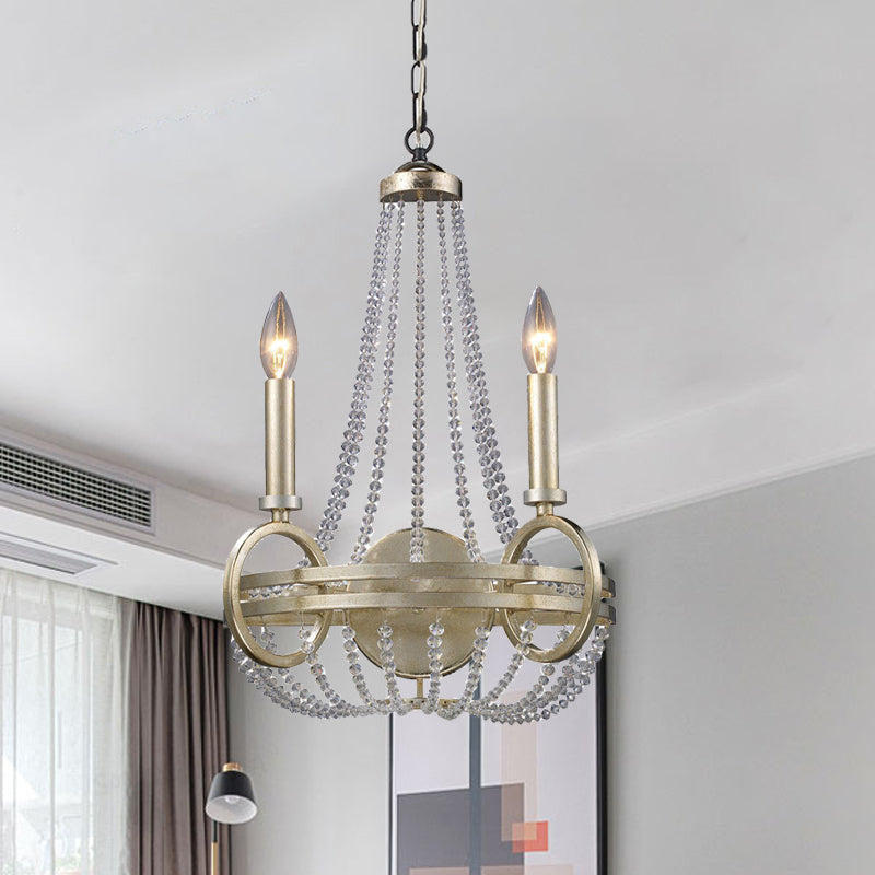 Silver Basket Pendant Chandelier Rustic Crystal Strand 2 Bulbs Living Room Ceiling Hang Fixture with Candle Design Silver Clearhalo 'Ceiling Lights' 'Chandeliers' Lighting' options 787881_5bd3705a-b7fe-49fb-9676-1e6863429a9a